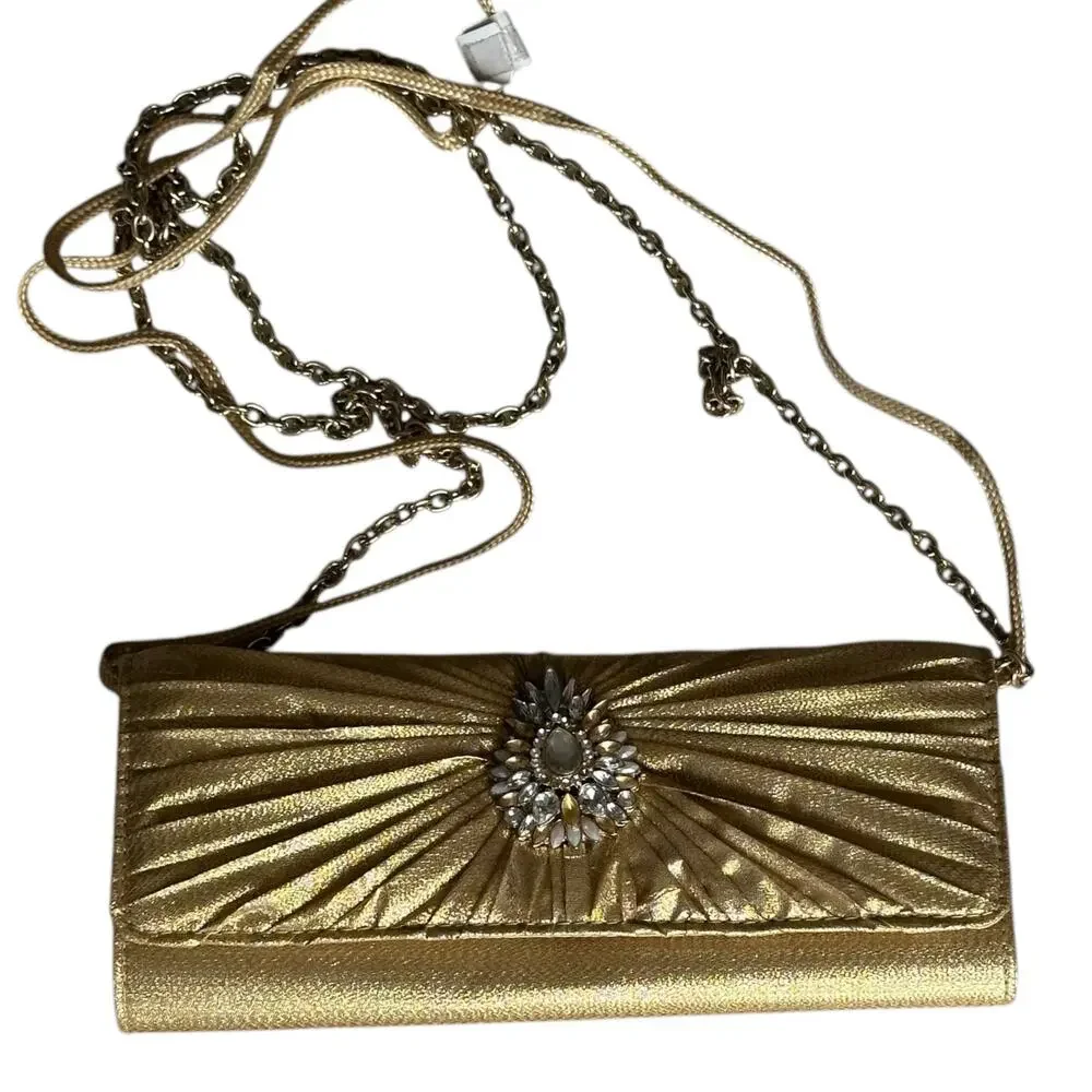 Kate Landry Evening Clutch Bag Metallic Gold Pleated Design Chain Strap
